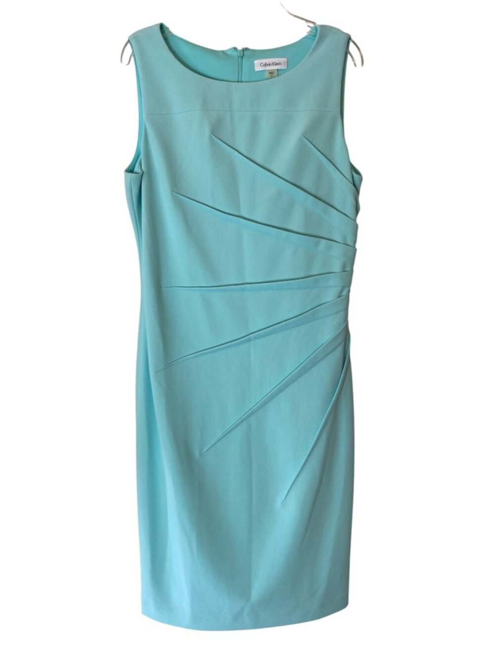 Calvin Klein Aqua Sheath Dress Asymmetrical Pleats & Zip Closure Size 8